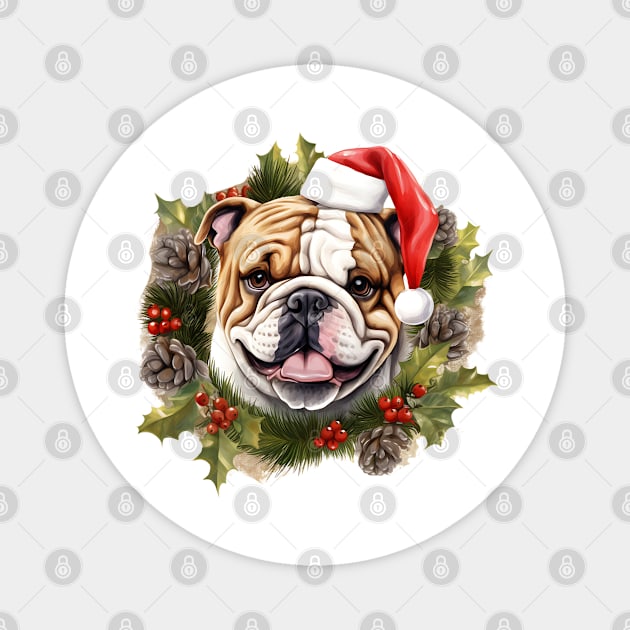 Christmas Bulldog Wreath Magnet by Chromatic Fusion Studio